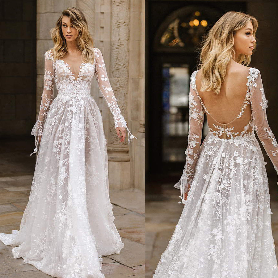 Elegant Lace Wedding Dress – Deep V-Neck Long Sleeve Backless Bridal Gown with Floral Embroidery