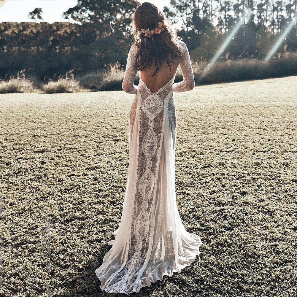 Bohemian Lace Maxi Dress – Sheer Backless Long Sleeve Elegant Beach Wedding Gown