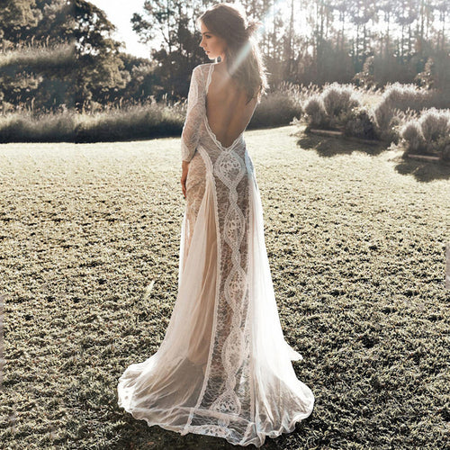 Bohemian Lace Maxi Dress – Sheer Backless Long Sleeve Elegant Beach Wedding Gown