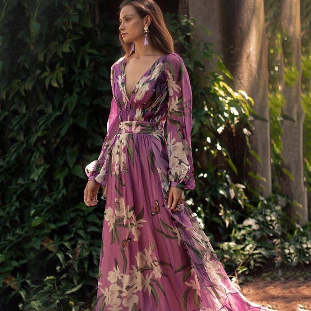 Bohemian Floral Chiffon Maxi Dress – V-Neck Long Sleeve Flowing Elegant Summer Dress