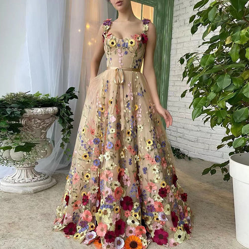 3D Floral Embroidered Tulle Maxi Dress – Romantic Sleeveless Bohemian Evening & Wedding Gown